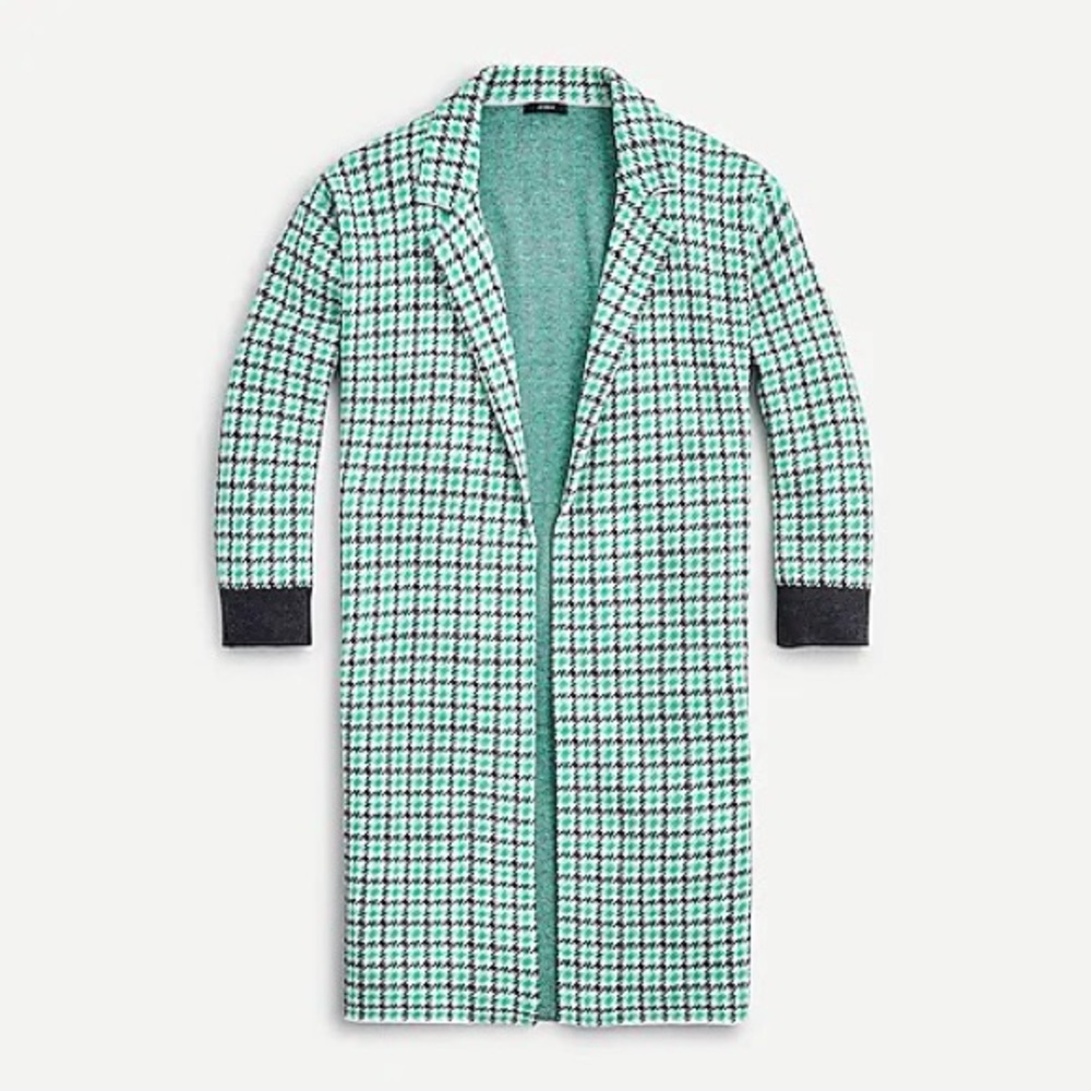 J.CREW // Ella open-front long sweater-blazer green plaid knot sweater coat
